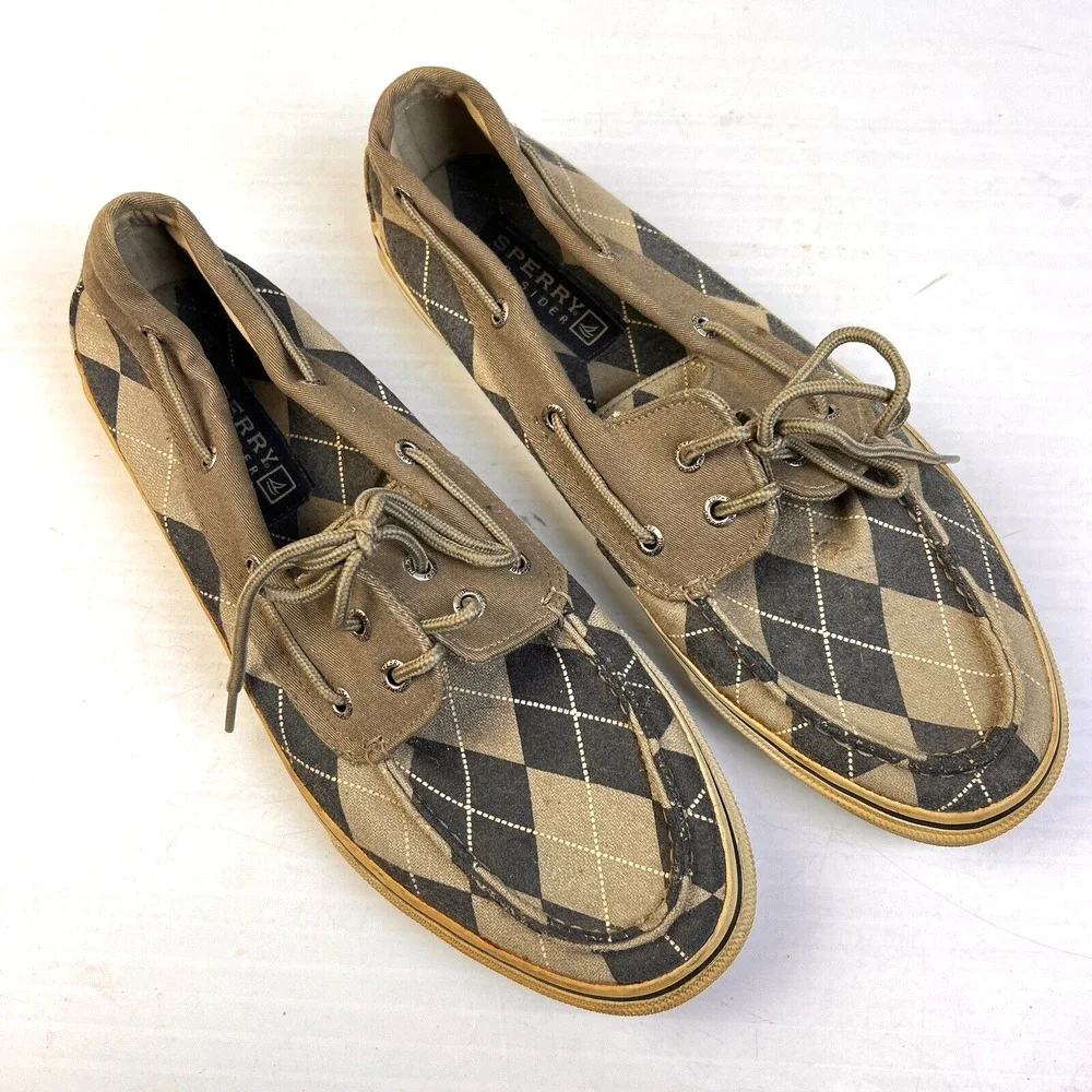 Sperry Topsides Boat Shoes Men's 11.5 M Gray Argyle Preppy Canvas Summer Beach